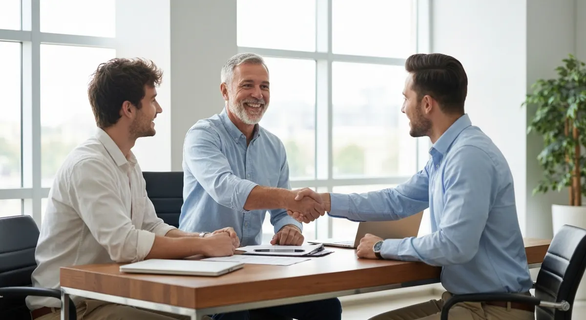 Mortgage broker shaking hands with clients