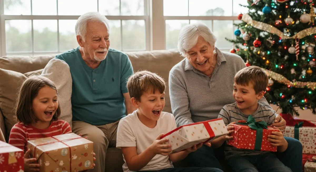Grandparents and grandchildren on Christmas morning
