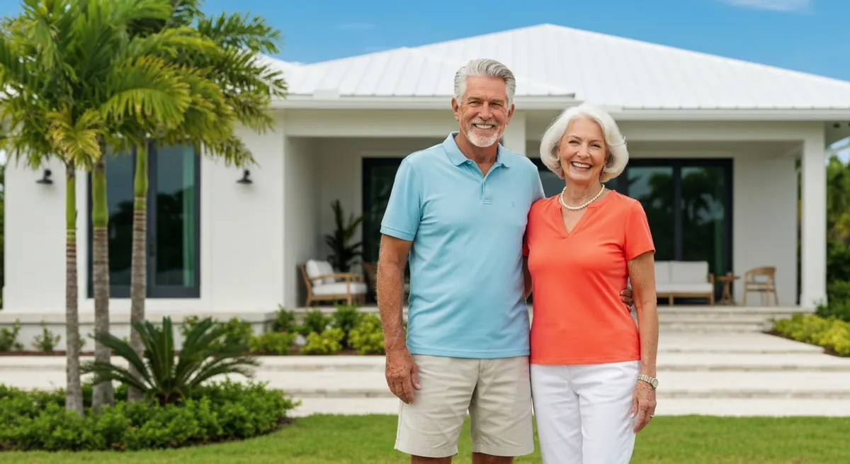 Retired couple in front of their new dream home