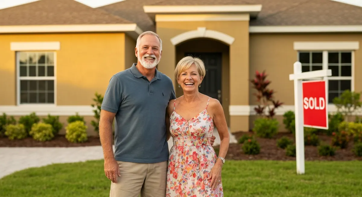 Senior couple in front of their newly purchased home