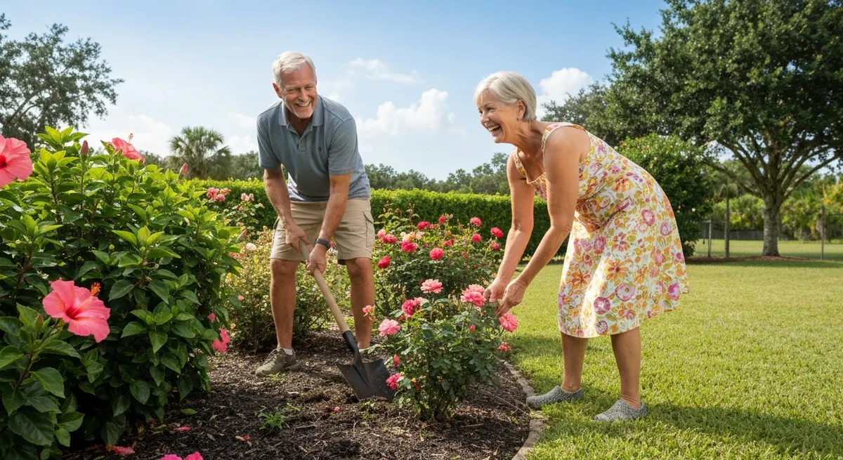 Senior couple gardening together