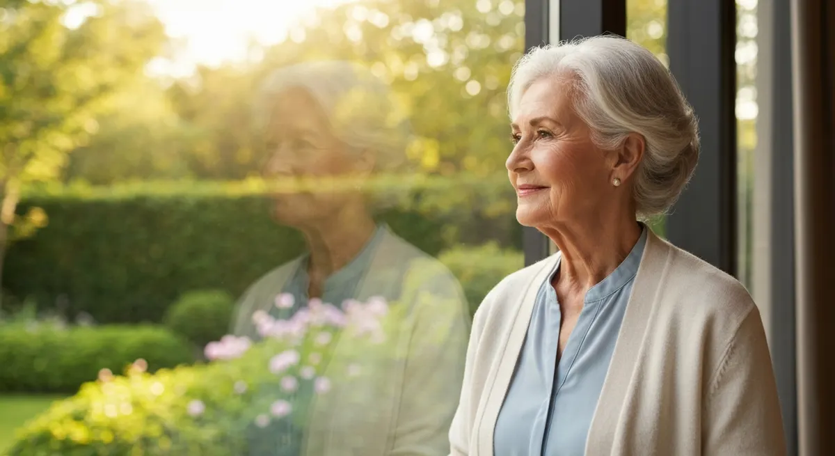 Senior woman looking through a window