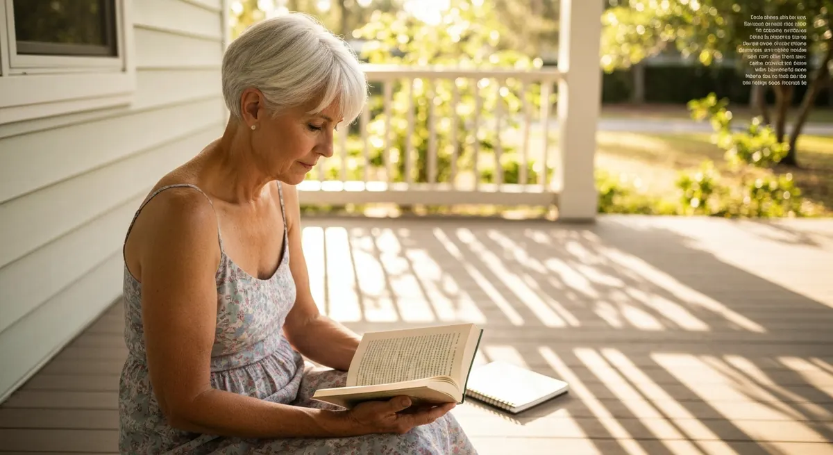Senior woman reading on a sunlit porch