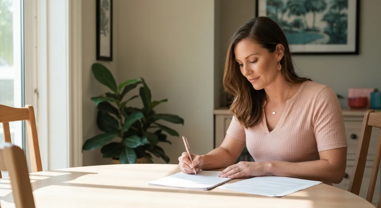 Woman writing notes about questions to ask her mortgage broker at a sunlit table