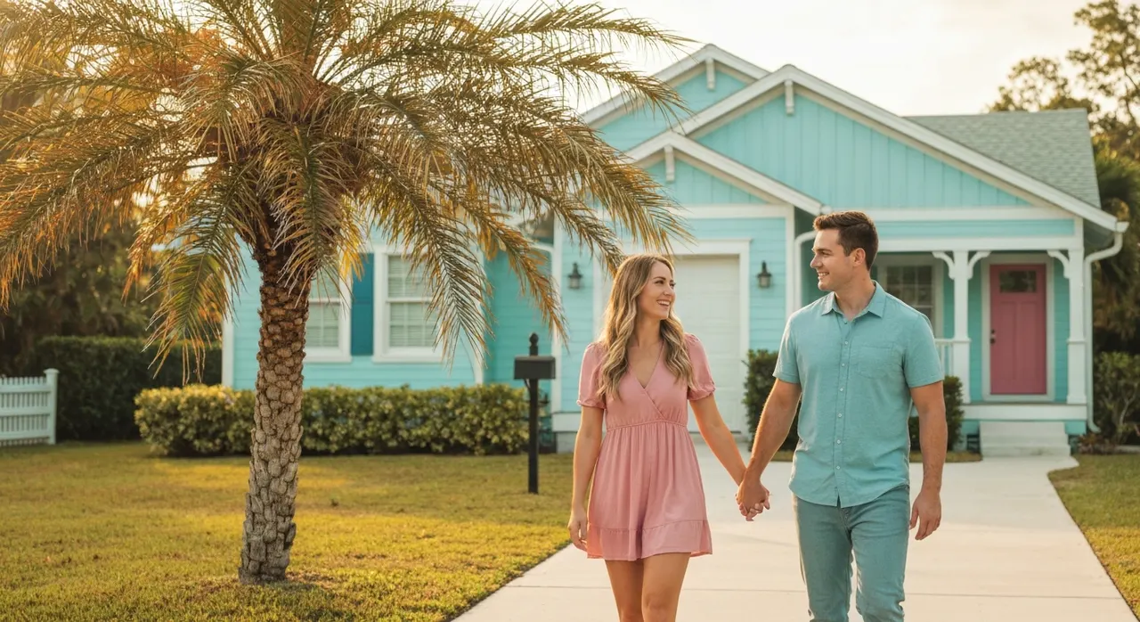 Young couple holding hands walking up to their pastel-blue Florida starter home