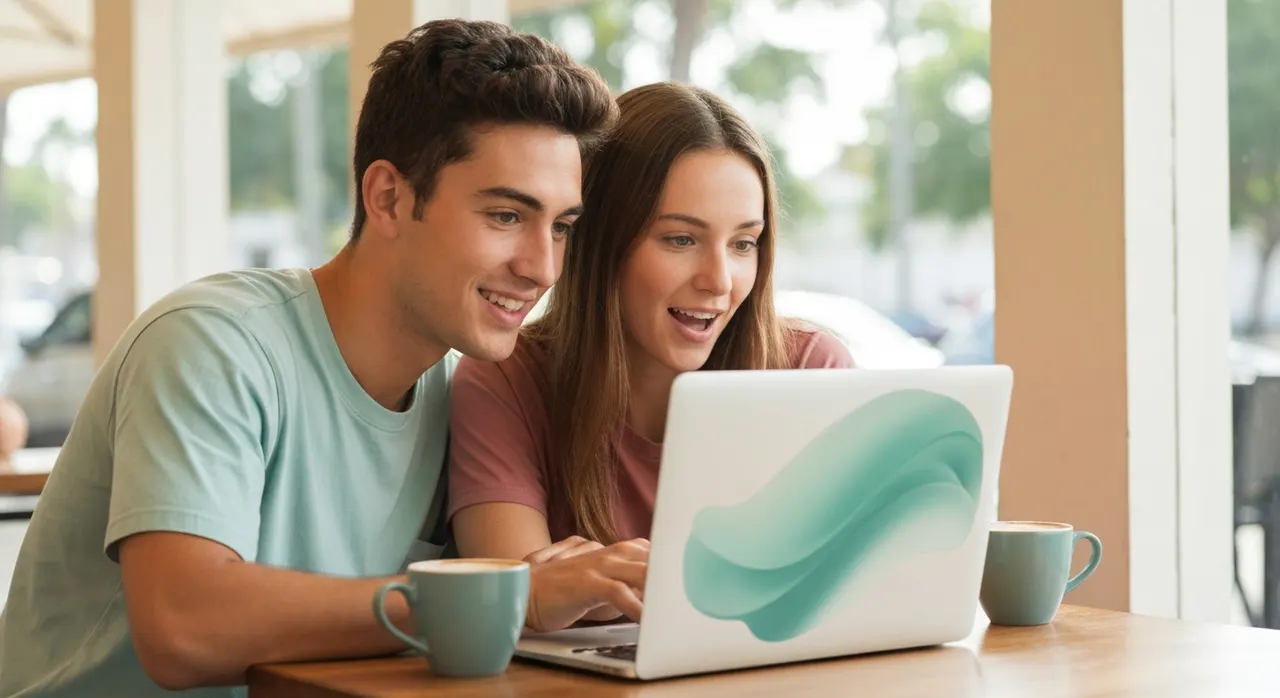 Young couple reviewing buyer information together at a coffee shop table