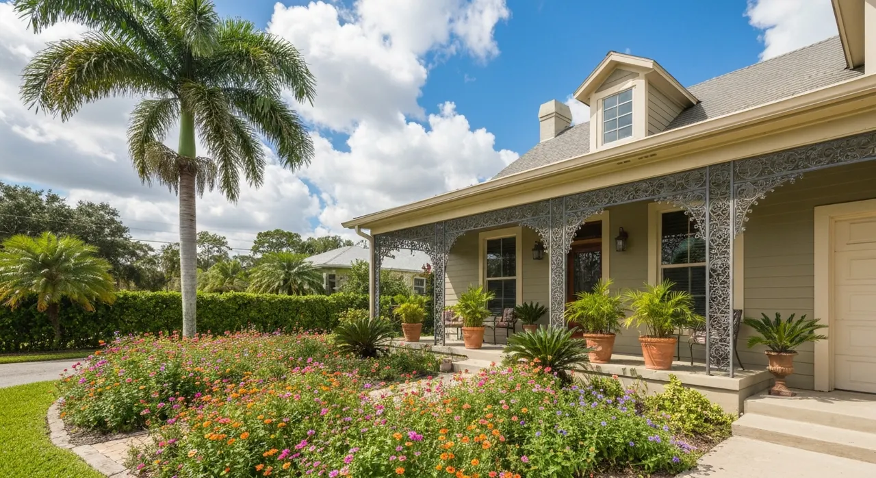 Florida Mediterranean-style home with palm trees and tropical landscaping