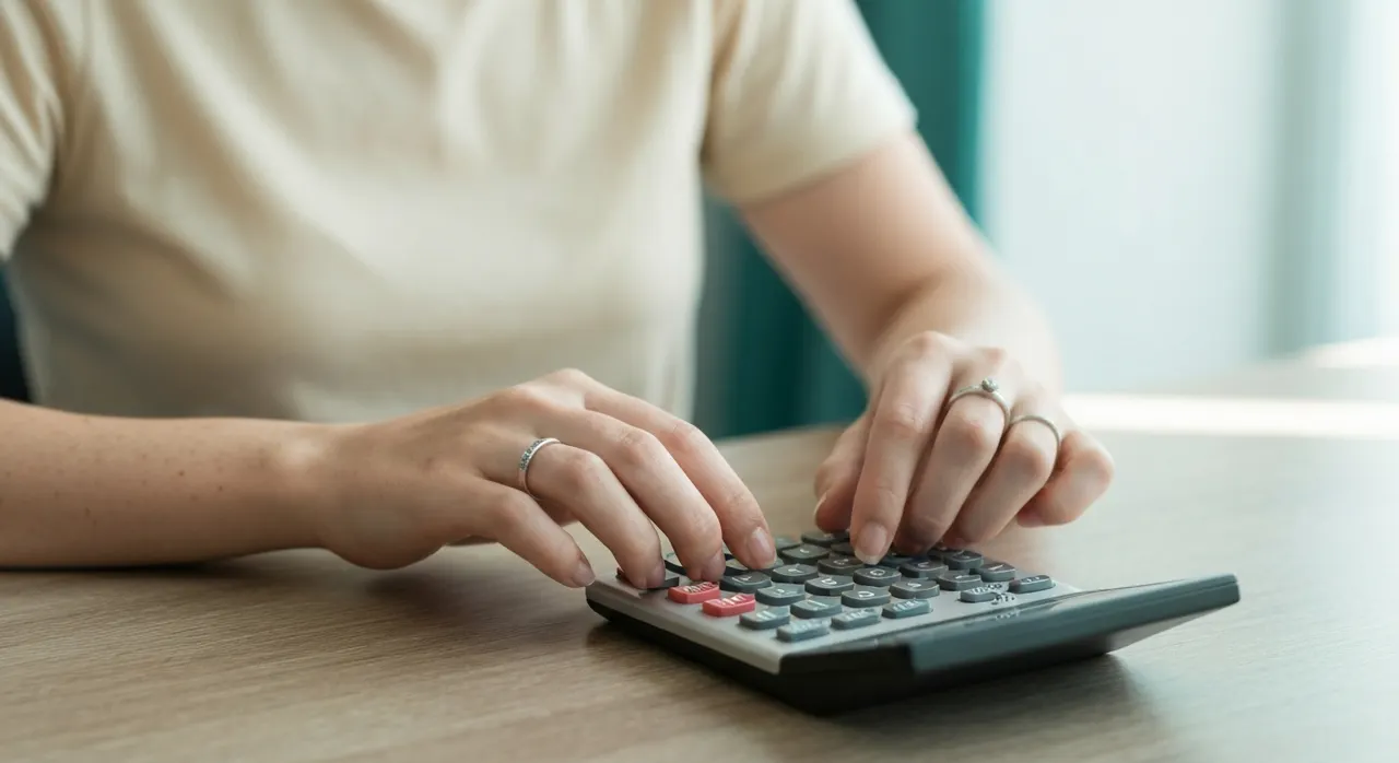 Hands using a calculator next to mortgage paperwork on a wooden desk