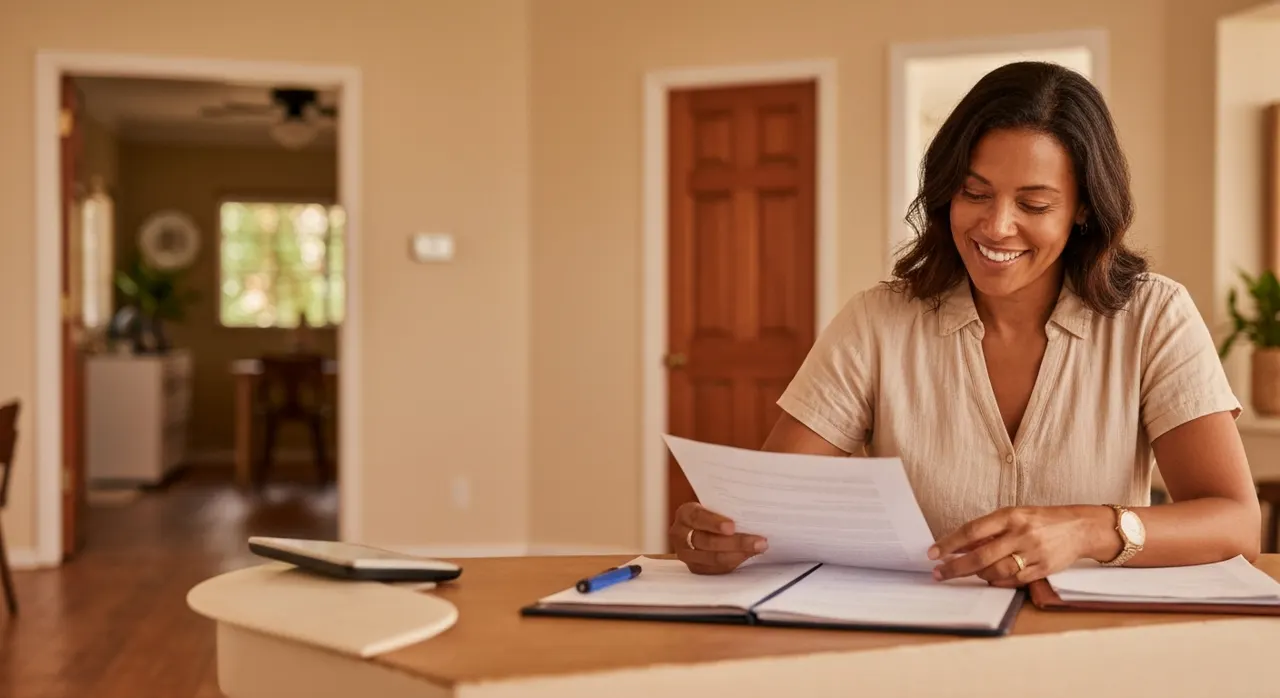 Florida homeowner reviewing refinance paperwork at a sunlit kitchen table