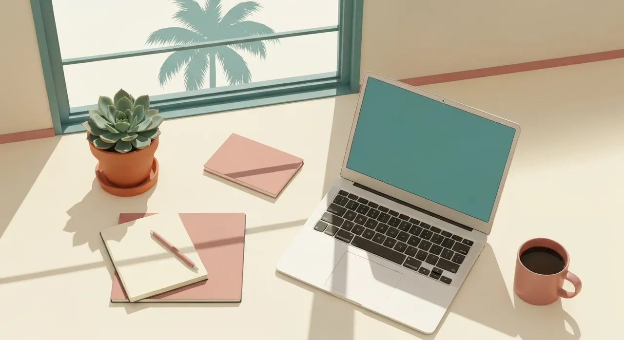Clean Florida desk setup with laptop, succulent, and coffee — palm tree silhouette through window
