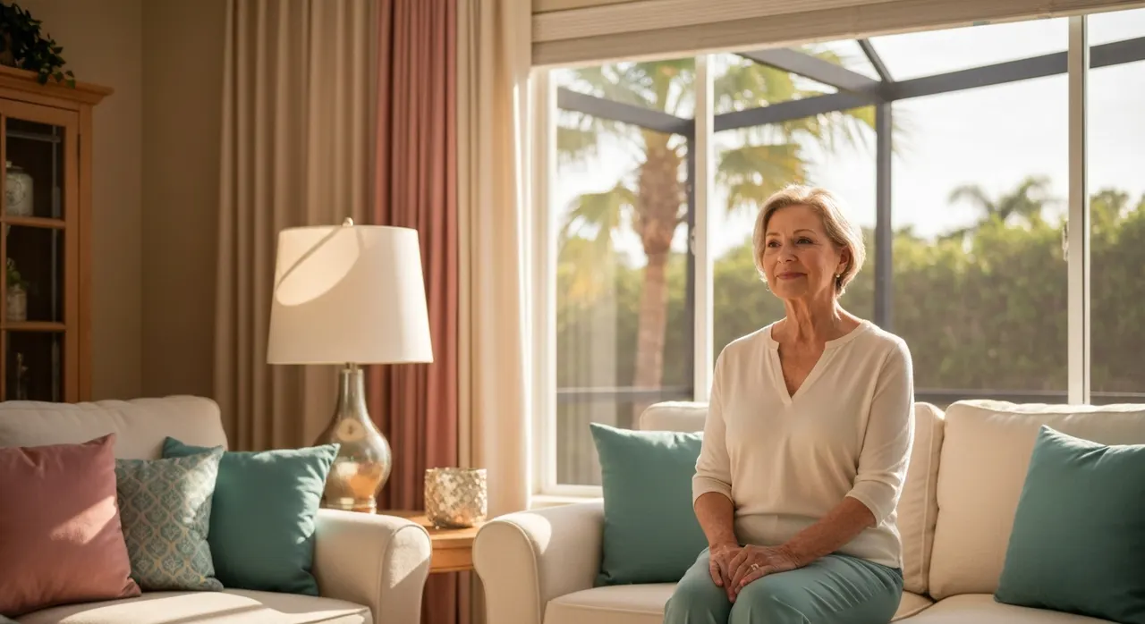 Senior Florida woman thoughtfully reviewing information on a tablet on her sunlit lanai