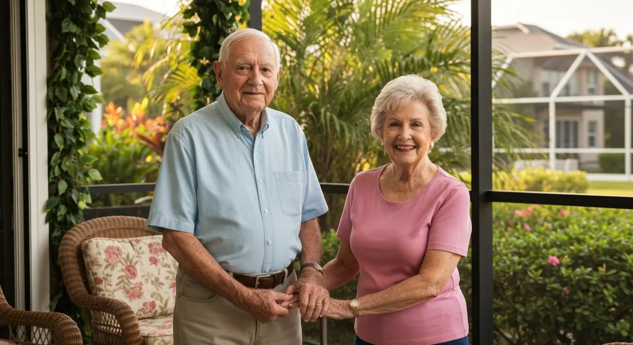 Senior Florida couple enjoying coffee on their screened lanai with garden view