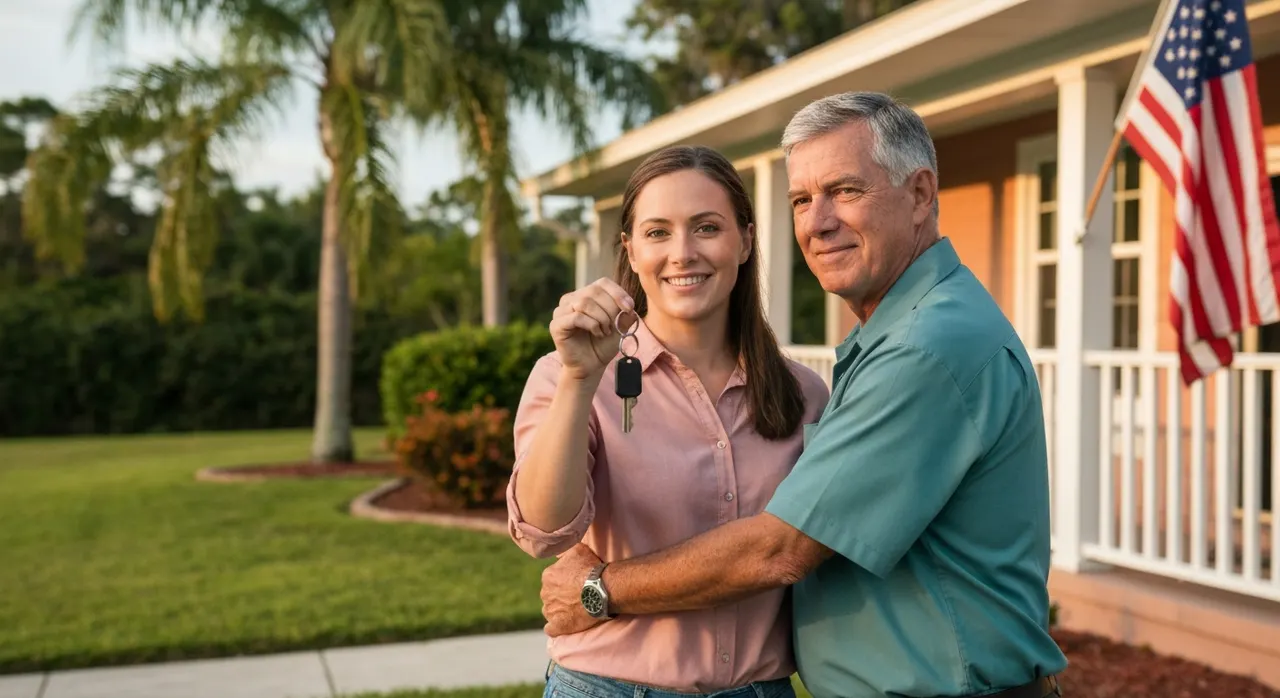 Veteran couple receiving the keys to their VA-financed Florida home with American flag in background
